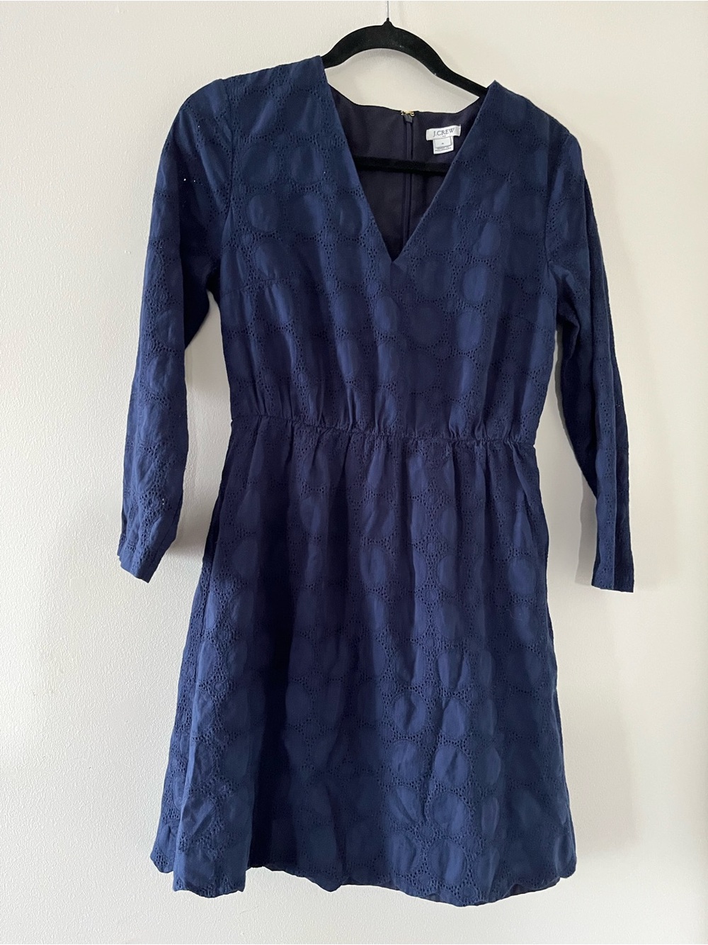 J Crew Navy Blue Eyelet Lace V Neck Mini Dress 6 Office Business Casual Preppy